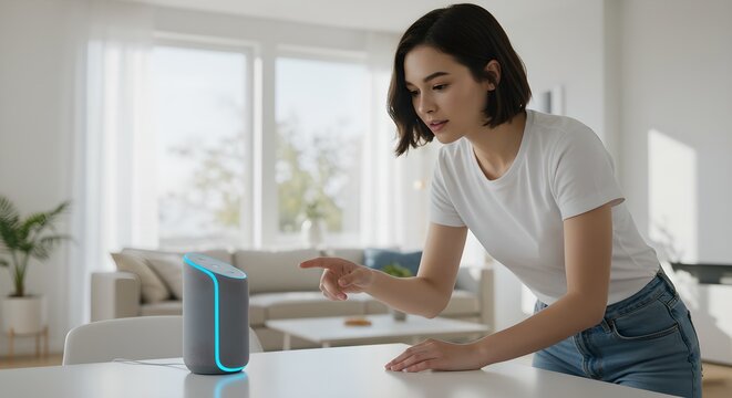 Asian woman using smart speaker with blue light in bright modern living room. Voice assistant technology for smart home control and digital convenience in contemporary interior.