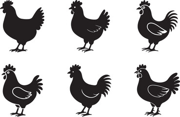 silhouettes of rooster and hens in vector illustration.