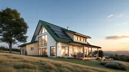 Obraz premium A modern house with solar panels on the roof, situated in a scenic landscape at sunset 
