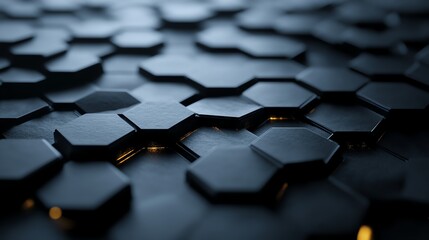 Obraz premium Dark geometric hexagonal pattern with a soft gold glow, modern and futuristic