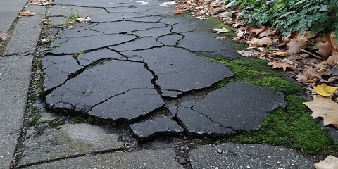 Cracked pavement, autumn leaves, moss