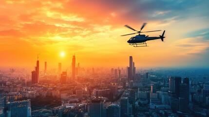 Obraz premium Helicopter soaring over a vibrant city skyline at sunset, showcasing urban life and dramatic cloud formations