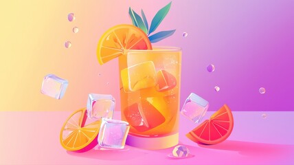 Modern vector illustration of a tropical drink with vibrant gradient colors, ice cubes, and fresh fruit slices, creating a refreshing and stylish summer vibe.
