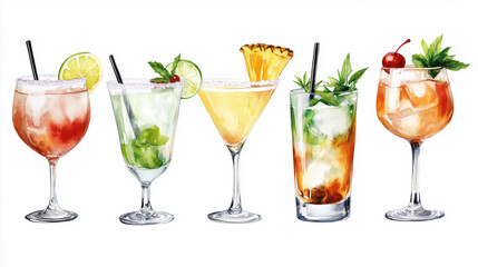 Watercolor illustration of a variety of brightly colored cocktails