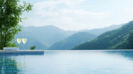 Infinity pool with serene mountain view, two wine glasses, and lush greenery.