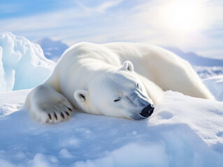Obraz premium Peaceful polar bear resting on snowy iceberg under bright sunlight.
