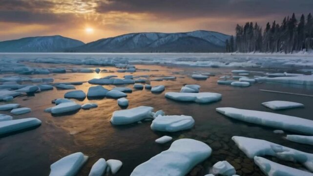 Ice floes drifting on the river