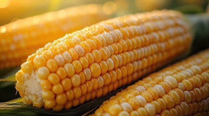 A close-up of corn kernels on the cob, glistening under the afternoon sun.