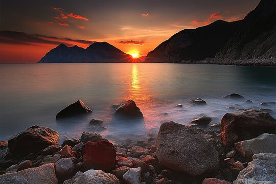 Serene sunset over tranquil coastline.  Rocky shore bathed in golden hues as the sun dips below the mountains. Calm water reflects the fiery sky
