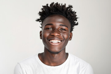 Fototapeta premium young african boy with bright smile, standing confidently in front of a simple white background. He is dressed in his casual, everyday attire, conveying sense of happiness and warmth.