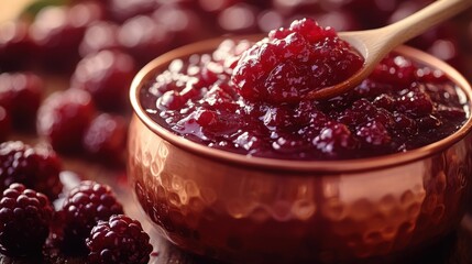 A wooden spoon stirring fresh homemade jam in a copper pot. Farming concept