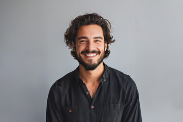 Fototapeta premium Caucasian adult man in his 20s to 40s in simple, professional clothing stand confidently against a white gray backdrop, radiating a relaxed and approachable vibe