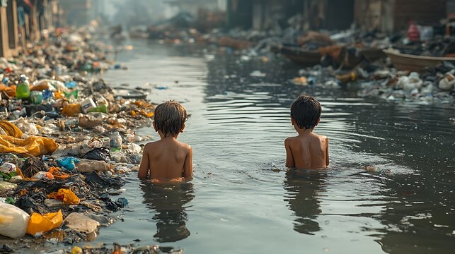 Environmental Crisis Captured Through Innocent Children Bathing In Toxic Dirty River Photo