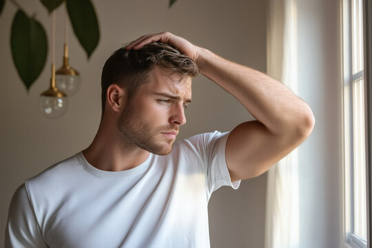 Contemplative man looking out window indoors.
