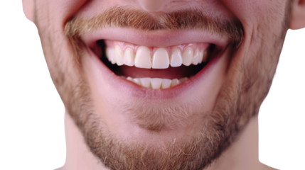 Close-up of man smiling showing perfect teeth with transparent background