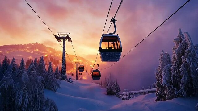 Scenic winter sunset with ski gondolas ascending through snowy mountains, illuminated village in background