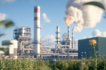 Obraz premium Industrial Complex with Smoke and Flowering Plants in the Foreground