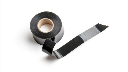 Obraz premium Roll of black adhesive tape on a white background, showcasing its texture and versatility for repairs and crafts