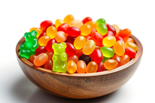 Assorted candies with gummy bears, jelly beans, and fruit chews, colorful and sweet treats. Fast-food image isolated white background.