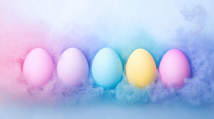 Fototapeta premium A row of pastel-colored eggs emerges from a dreamy mist, symbolizing mystery, transition, and renewal.