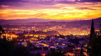 Fototapeta premium Nightfall over the Cityscape: A Panoramic View of Urban Lights at Sunset