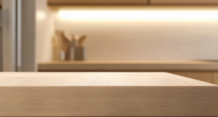 Fototapeta premium Modern kitchen interior with wooden countertop and warm lighting