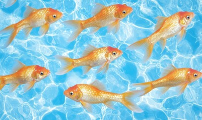 Fototapeta premium A group of goldfish are swimming in clear, blue water with sunshine reflections