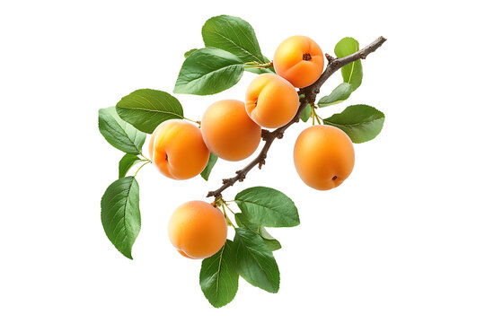 Apricot branch with fruits and leaves Isolated on White and Transparent Background PNG Image.