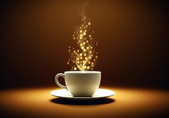 White cup with steam and glowing particles, symbolizing warmth and comfort