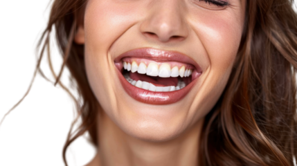 Close-up of smiling woman showing perfect teeth with transparent background