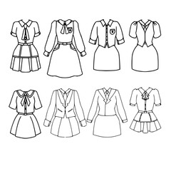 Outline illustrations depicting a variety of school uniform designs, including skirts, blouses, and blazers, showcasing diverse styles for educational institutions. Useful for design concepts and unif