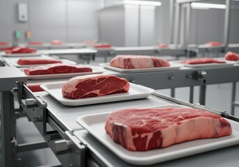 Fresh cuts of meat displayed on trays in a modern processing facility