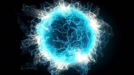 abstract glowing blue energy sphere atom with neon light swirls in dark space, electric sparks and dynamic motion effects
