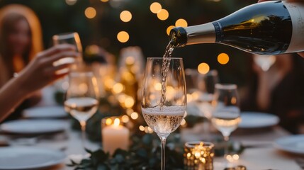 Elegant dinner setting with wine pouring and candlelit atmosphere