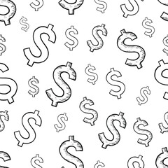 Dollar Signs Texture. Vector Seamless Pattern. Hand Drawn US dollar Global Currency Texture on White Background. Repeatable Endless and Seamless Pattern for Print, Fabric Textile or Website Uses.