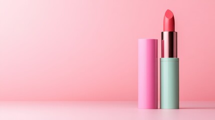 A stunning tube of bright lipstick stands confidently against a soft pink background, representing beauty and elegance in a cosmetic setting.