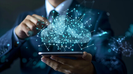 Executive Implementing Cloud Computing Security. Unrecognizable corporate executive securing data in a cloud application. Information technology concept for cloud computing security, SaaS, software as