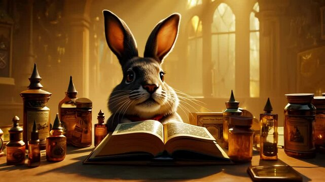 Fantasy rabbit character reading ancient book in magical study. The anthropomorphic bunny in wizard's laboratory gradually focuses attention on mysterious tome surrounded by potion bottles and scrolls