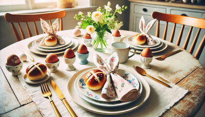 Fototapeta premium Cozy and Casual Easter Brunch Setup for a Small Family of Four