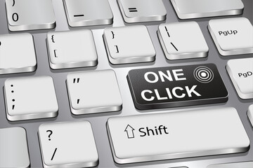 One Click: the inscription on the keyboard button. Black color. Vector graphics.