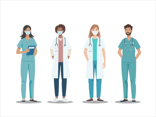 Vector illustration of medical professional, including doctors and nurses in scrub and lab coat, standing as a team. Flat design of hospital staff for healthcare, medical, and clinic-related concepts.