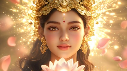 A serene 3D depiction of Goddess Parvati, with a gentle smile, holding a lotus, surrounded by celestial light and soft petals.