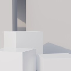 White Podium studio and cube pedestal on white background with product shelf on one white floor and wall the platform for product presentation minimal style, copy space, abstract podium. 3D render.