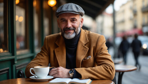 Title
Middle-aged man with a warm smile drinking coffee at a café in a European city street
