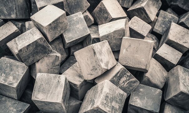 A pile of grey, concrete cubes, scattered randomly, showing texture. Close-up, industrial vibe
