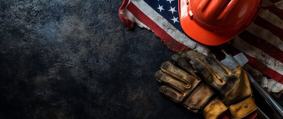 Minimalist Labor Day banner: hard hat flanked by hammer and gloves under small American flag on black. Clean design emphasizing construction worker dignity and precision.
