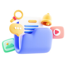 3D illustration of a media file content management concept, featuring a magnifying glass, image and video files, and a database for document organization. isolated on transparent background