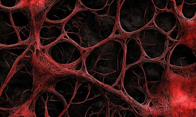 A red-veined, organic-looking network spans across a dark, textured background, creating a visually striking pattern
