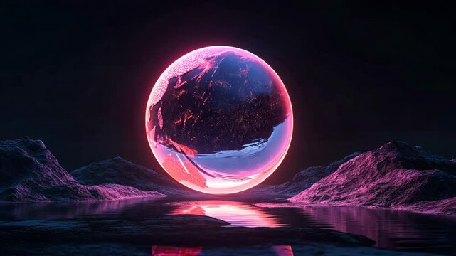 Futuristic orb illuminates dark landscape with dynamic light patterns reflecting on water, round transparent glass pink moon sphere, surreal abstract cosmic round 