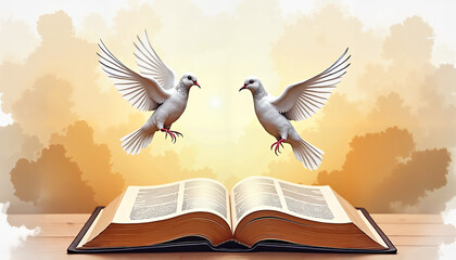 Naklejka premium Two White Doves Flying Above Open Book with Soft Golden Cloud Background
